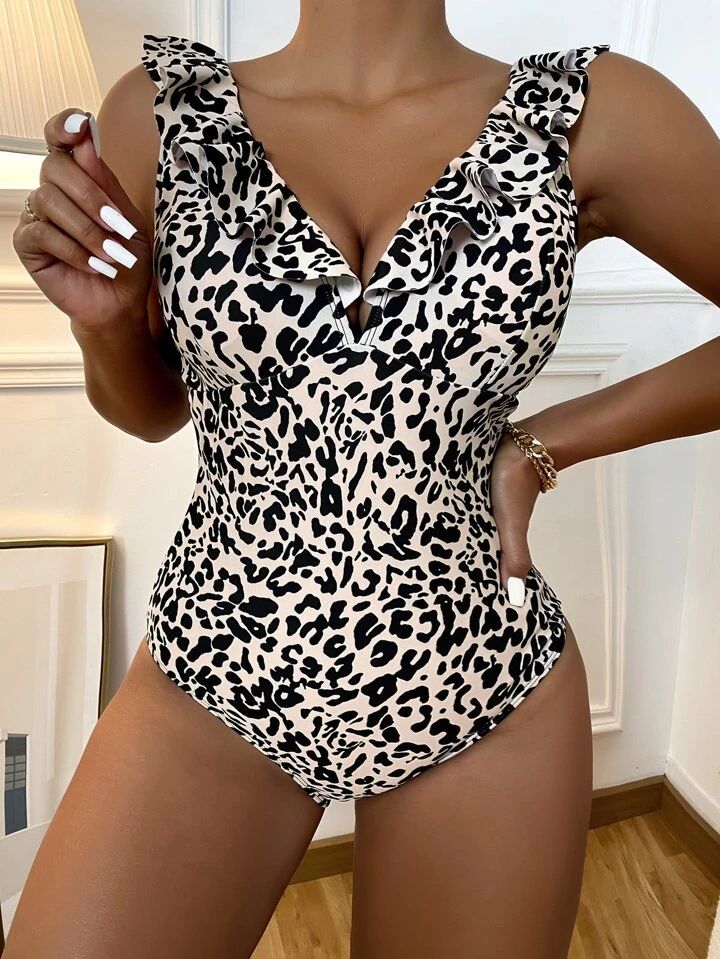 SHEIN Women Leopard Print Ruffled Collar One-Piece Swimsuit, Random Print Summer