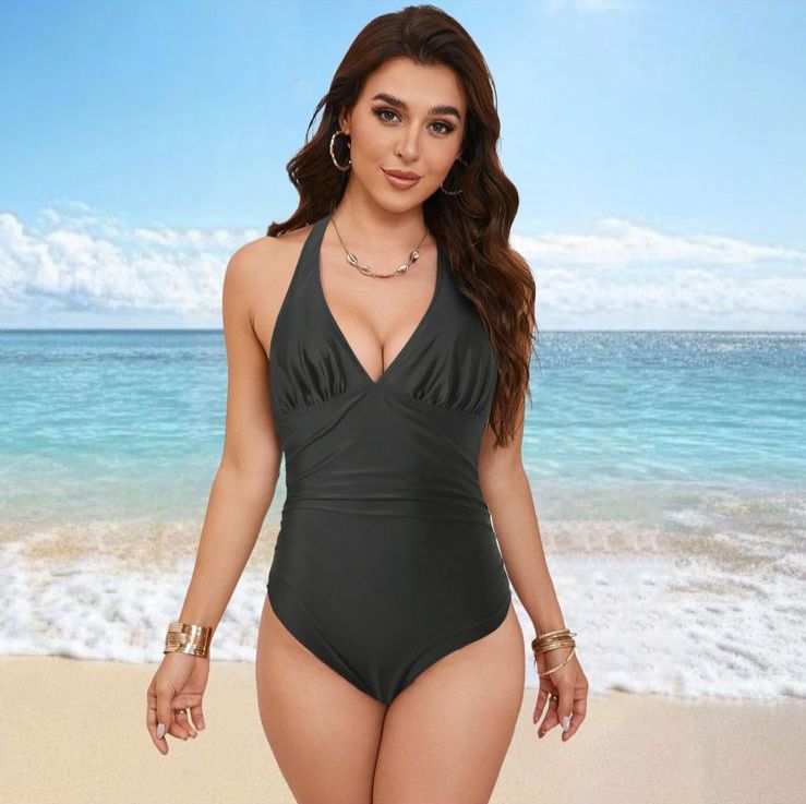 SHEIN Ladies' Plain & Simple Daily Wear Cross Tied Deep V-Neck Backless One-Piece Swimsuit Summer - الصورة 3