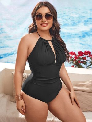 SHEIN Plus Size Solid Color Textured Fabric Backless Halter One-Piece Swimsuit