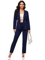 Double Button Blazer And Tailored Pants Set,  Business Casual, Elegant, Navy Blue