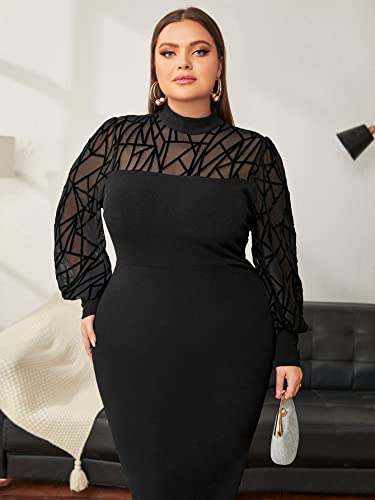 SHEIN Plus Contrast Mesh Bodycon Dress Long Evening Dresses - الصورة 2