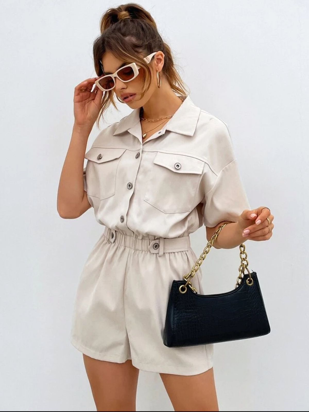 SHEIN Buttoned Front Pocket Shirt Romper - الصورة 5