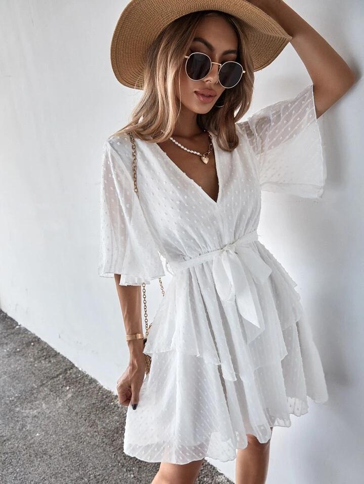 SHEIN Butterfly Sleeve Belted Dress - الصورة 4