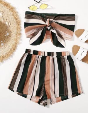 SHEIN VCAY Striped Colorblock Tie Front Crop Tube Top & Shorts Set