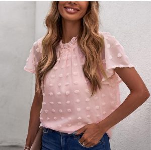Women's Swiss Dots Ruffle Sleeve Frill Mock Neck Chiffon Blouse Top