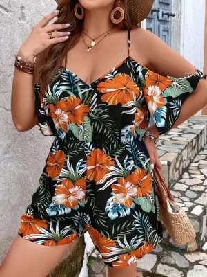 SHEIN Tropical Print Cold Shoulder Romper