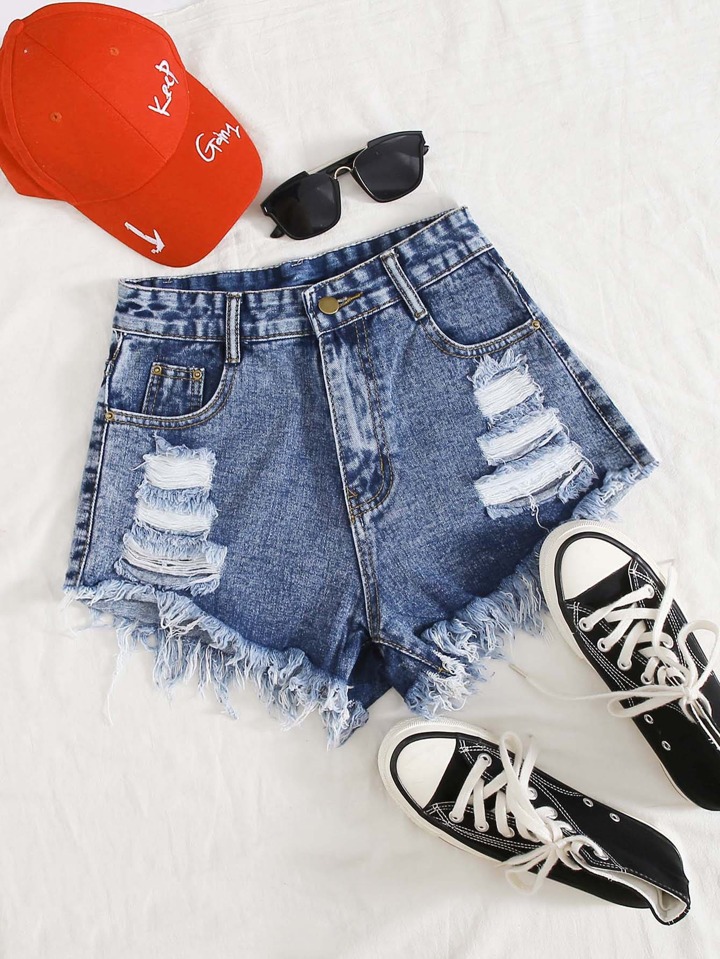 SHEIN Raw Hem Ripped Denim Shorts