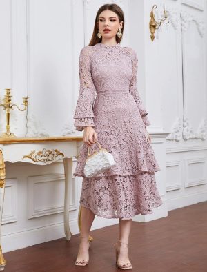SHEIN Guipure Lace Dress Long Evening Dresses