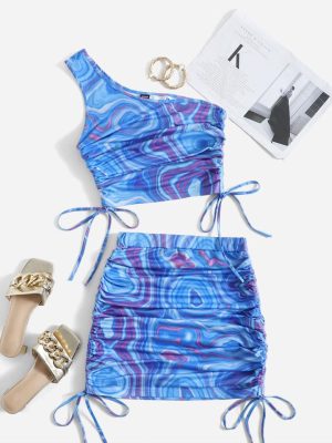 SHEIN Splash Print One Shoulder Knot Top & Skirt Set