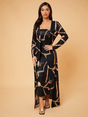 SHEIN SXY Chain Print Open Front Coat & Bodycon Dress