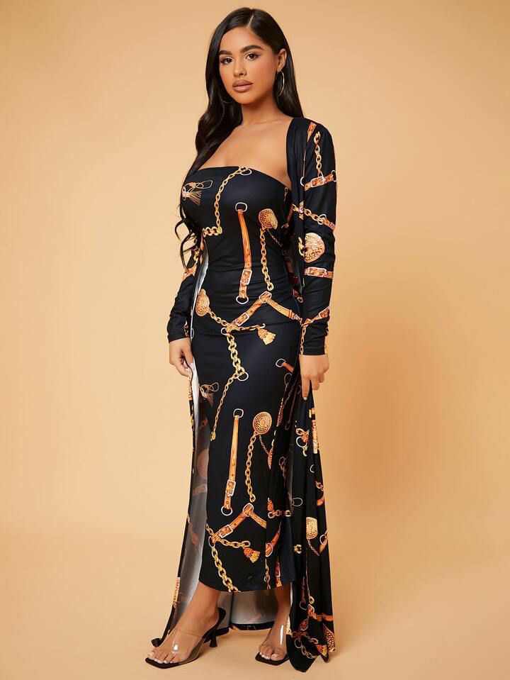 SHEIN SXY Chain Print Open Front Coat & Bodycon Dress - الصورة 6