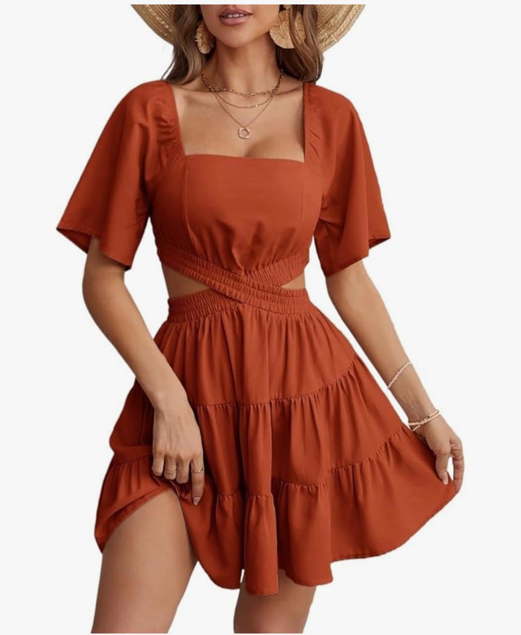 Short Sleeve Dress for Women Square Neck Hollow Out Ruffle Hem Casual Dress for Summer - الصورة 2