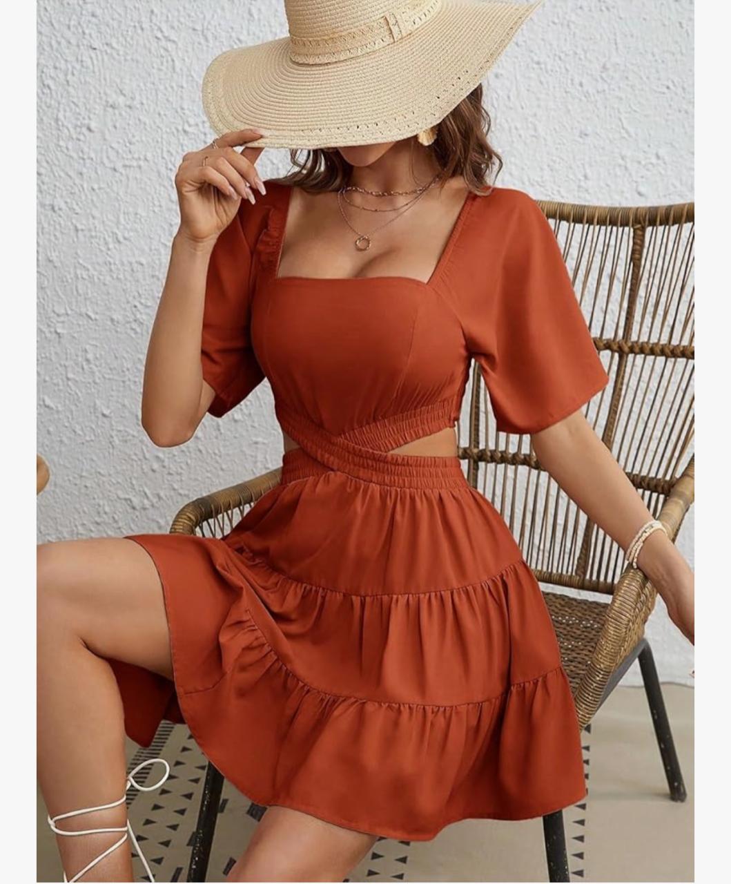 Short Sleeve Dress for Women Square Neck Hollow Out Ruffle Hem Casual Dress for Summer - الصورة 4