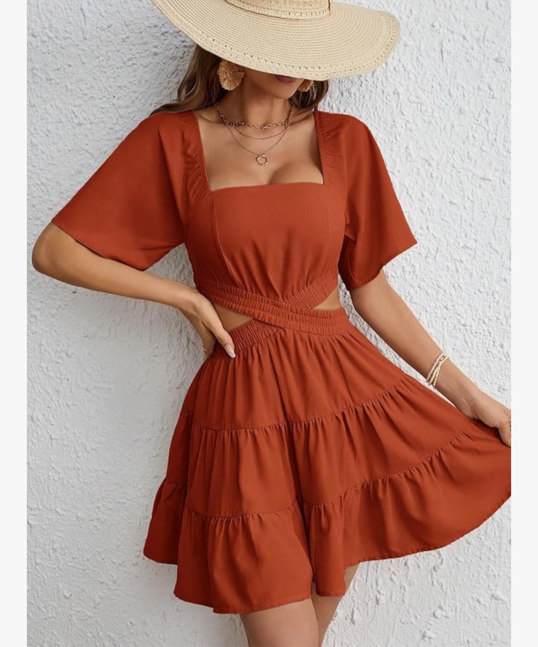 Short Sleeve Dress for Women Square Neck Hollow Out Ruffle Hem Casual Dress for Summer