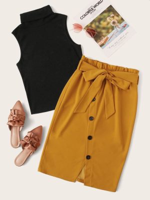 SHEIN Privé Turtleneck Top & Buttoned Paperbag Waist Set