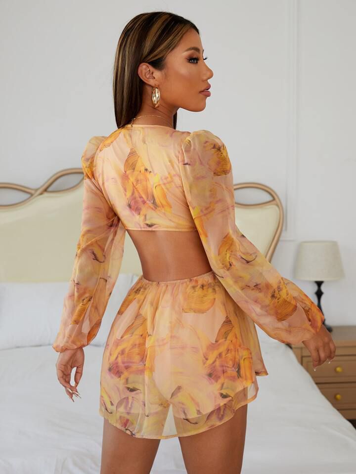 SHEIN PETITE Floral Print Backless Tie Front Chiffon Jumpsuit - الصورة 6