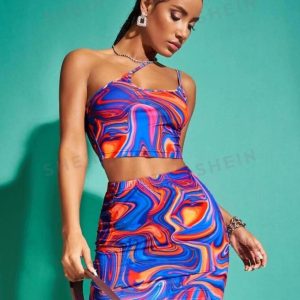 SHEIN BAE One Shoulder Marble Print Top And Skirt Set