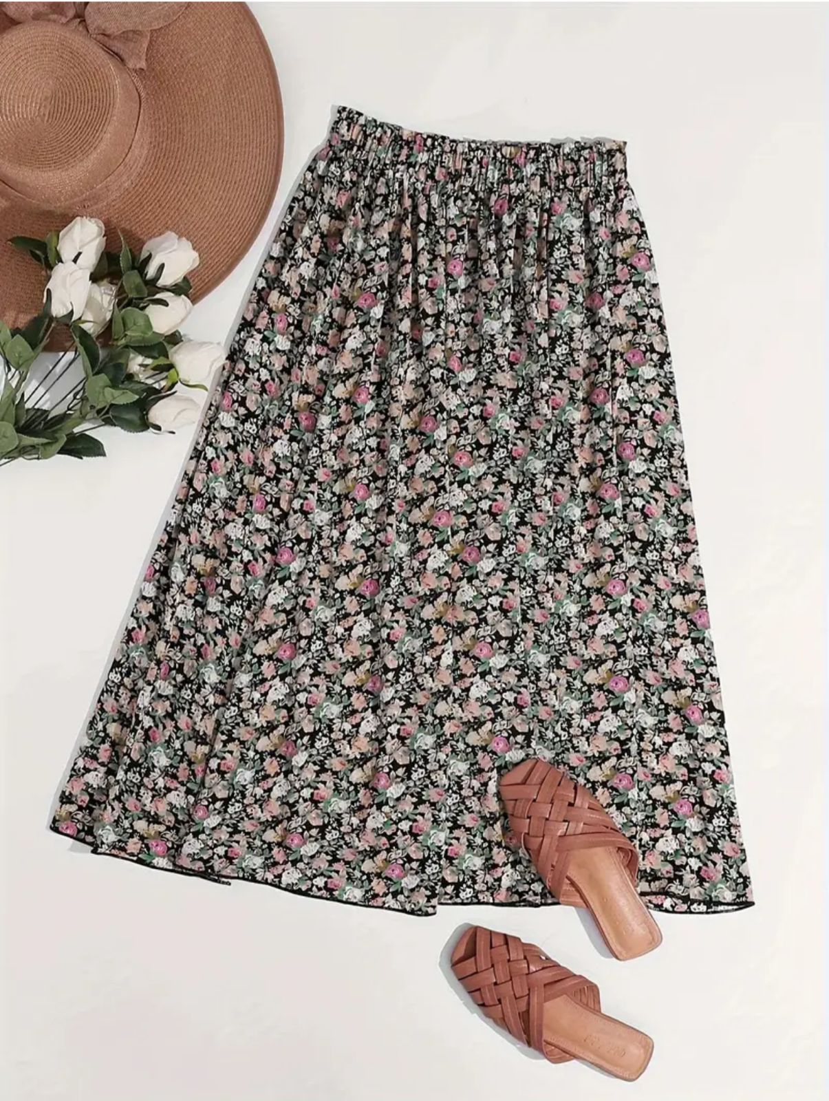 SHEIN Holidaya Ditsy Floral High Waist Flared Skirt