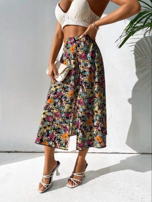 SHEIN VCAY High Waist Allover Floral Print Split Thigh Skirt