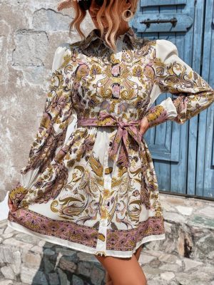 Paisley Print Belted Shirt Dress