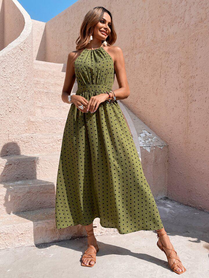 SHEIN Unity Polka Dot Tie Back Halter Neck Dress