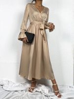 Surplice Neck Flounce Sleeve Belted Dress