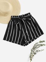 ‎SHEIN VCAY Vertical Striped Belt Shorts Paper Ruffle Waist‎