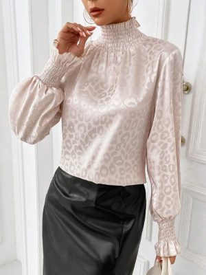 SHEIN Leopard Blouse Jacquard Ruched Sleeve Trim Satin Lantern