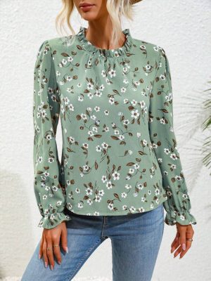 EMERY ROSE Flounce Sleeve Frill Neck Floral Print Blouse