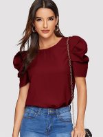 ELOIR Woman blouse Button Keyhole Back Puff Sleeve Top 