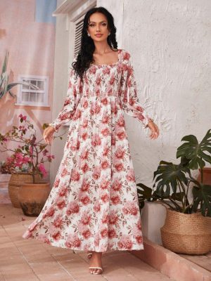 Square Neck Floral Print Shirred Dress