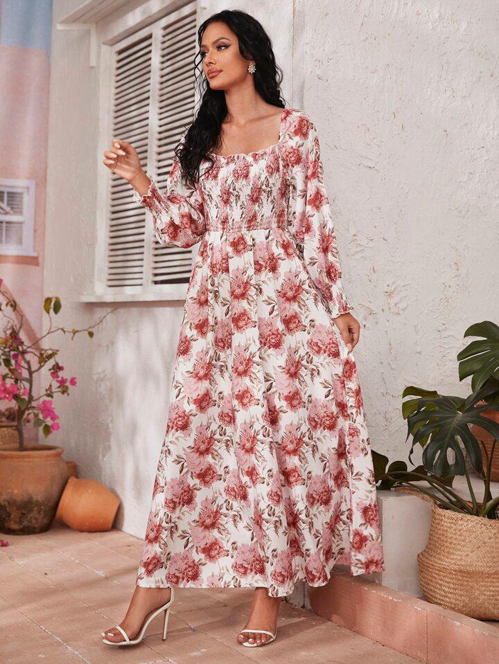 Square Neck Floral Print Shirred Dress - الصورة 5