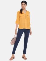 Yellow Solid Formal Full Sleeves V-Neck Women Relaxed Fit Tops