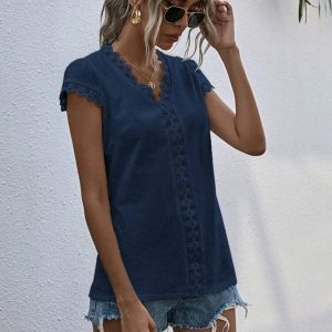 SHEIN VCAY Casual Shirt With Lace Patchwork And Scalloped Edges
