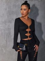 SHEIN Allurite Cutout O-ring Ruched Front Crop Top