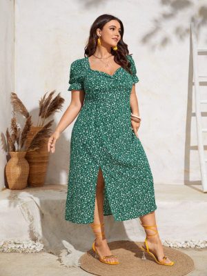 SHEIN Unity Ditsy Floral Ruched Bust Split Thigh Dress