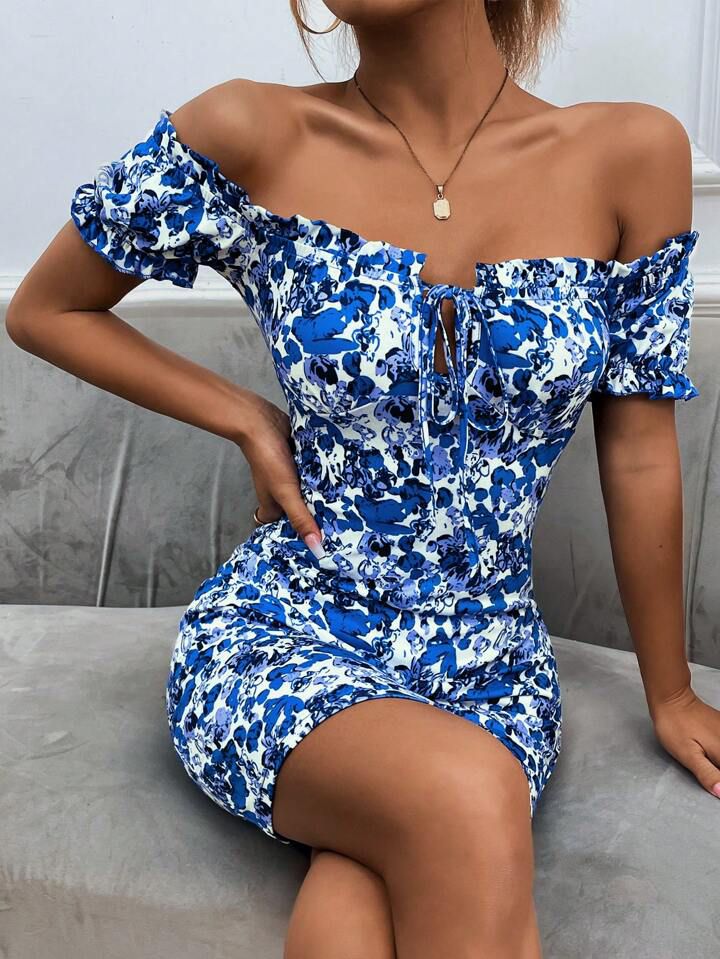Breezaya Allover Floral Print Off Shoulder Frill Trim Tie Front Bodycon Dress - الصورة 2