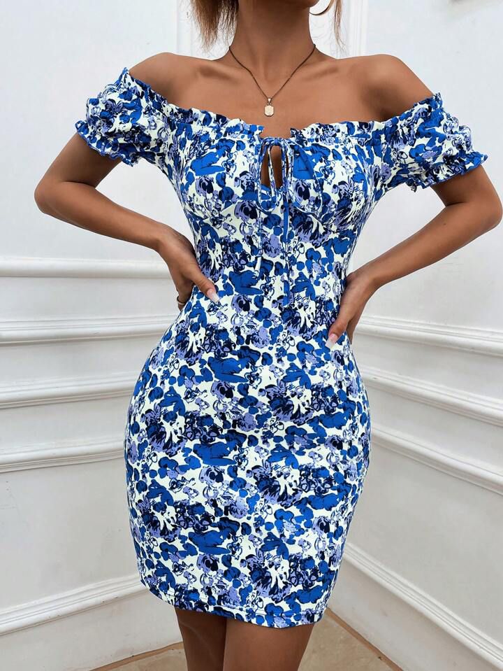 Breezaya Allover Floral Print Off Shoulder Frill Trim Tie Front Bodycon Dress