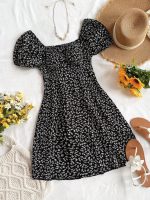 SHEIN WYWH Women's Vacation Blue Base White Ditsy Floral Dots Printed Puff Sleeve Shirred A-Line Mini Dress With Side Split