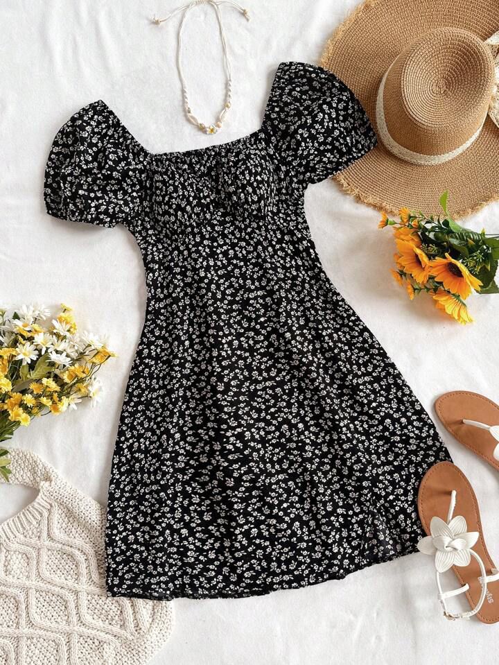 SHEIN WYWH Women's Vacation Blue Base White Ditsy Floral Dots Printed Puff Sleeve Shirred A-Line Mini Dress With Side Split