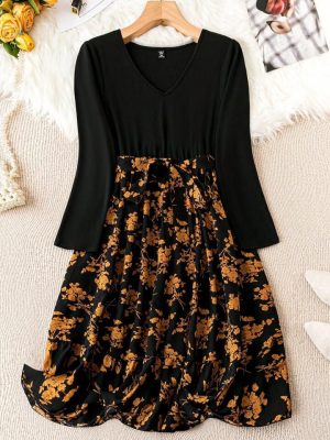 SHEIN LUNE Plus Floral Print Ruffle Hem Belted Dress Maxi Women Outfit
