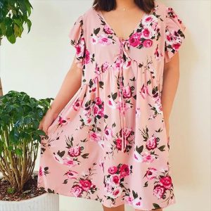 Pleated Waist Belt A-Line Short Sleeve Floral Print Boho Summer Dress