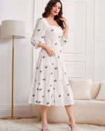 Mulvari Square Neck Floral Embroidery Dress Without Belt