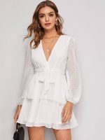 SHEIN Surplice Wrap Layered Ruffle Hem Belted Swiss Dot Dress