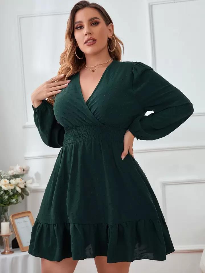 Modelyn Plus Swiss Dot V Neck Shirred Ruffle Hem Dress - الصورة 3