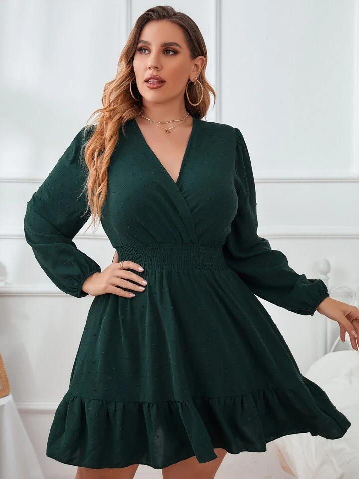 Modelyn Plus Swiss Dot V Neck Shirred Ruffle Hem Dress - الصورة 4