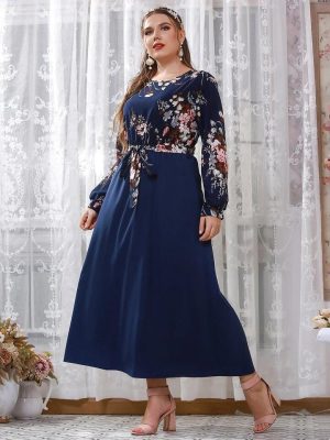 Plus Floral Print Belted Dress