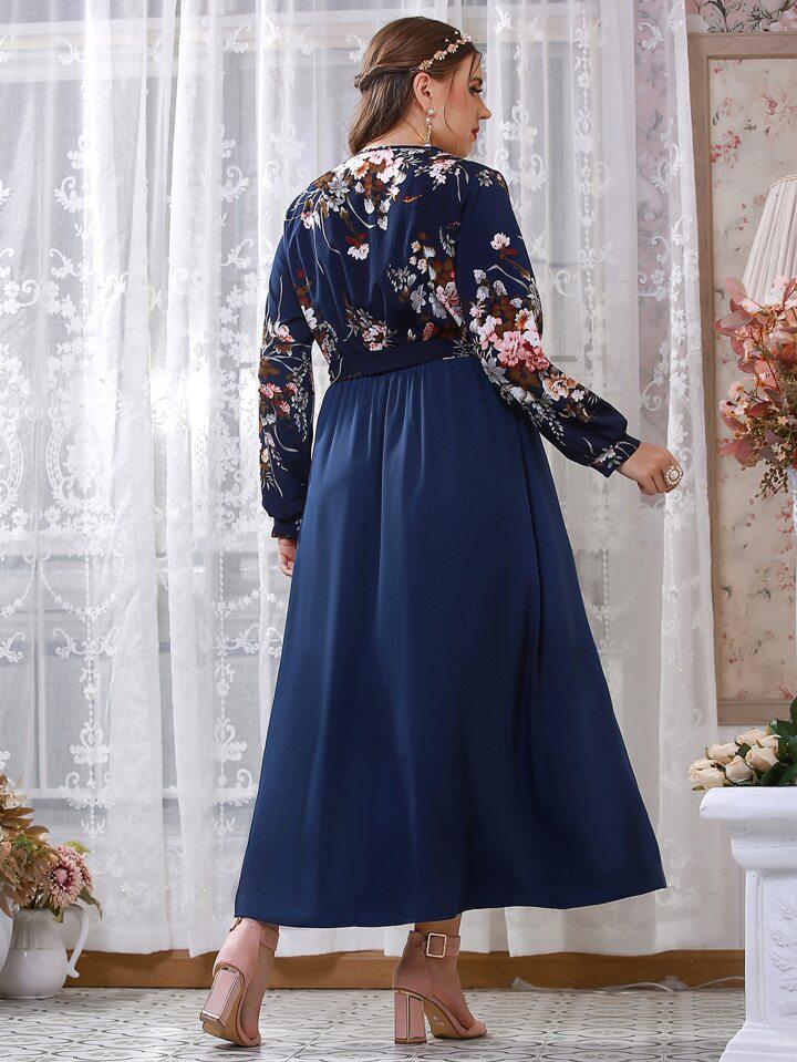 Plus Floral Print Belted Dress - الصورة 2