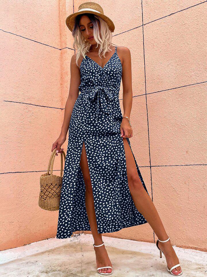 Chiquease Dalmatian Print Slit Hem Belted Cami Dress