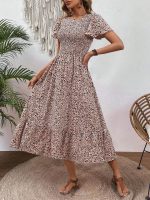 Breezaya Women'S Full Print Shirred Dress Maxi Vacation Beach Outfit
